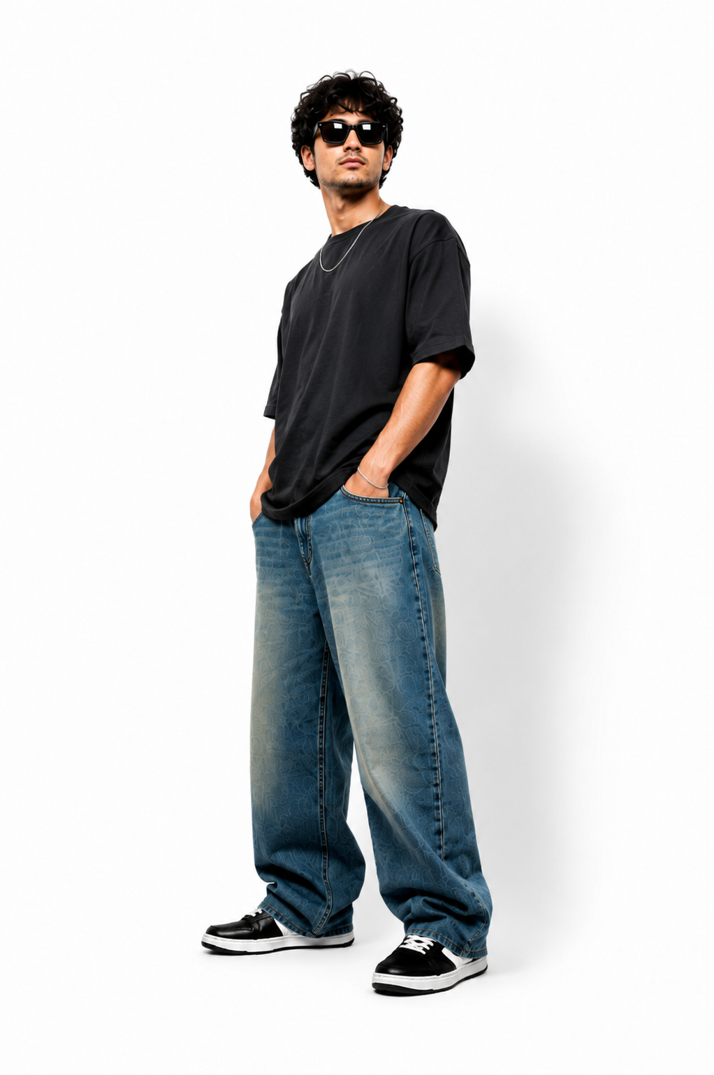Men’s Vintage Y2K Oversized Baggy Jeans - Faded Blue Patterned Denim