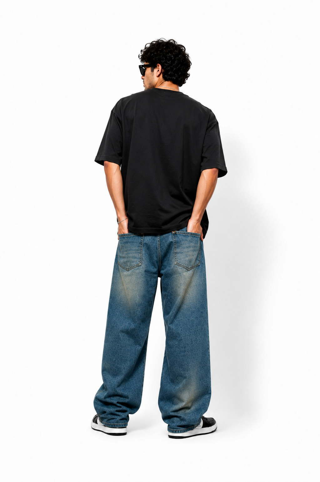 Men’s Vintage Y2K Oversized Baggy Jeans - Faded Blue Patterned Denim